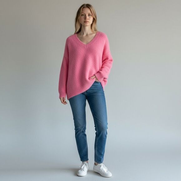 New York & Company Solid Pink V Neck Sweater Ultra Soft Long Sleeve Size XL - Picture 1 of 9